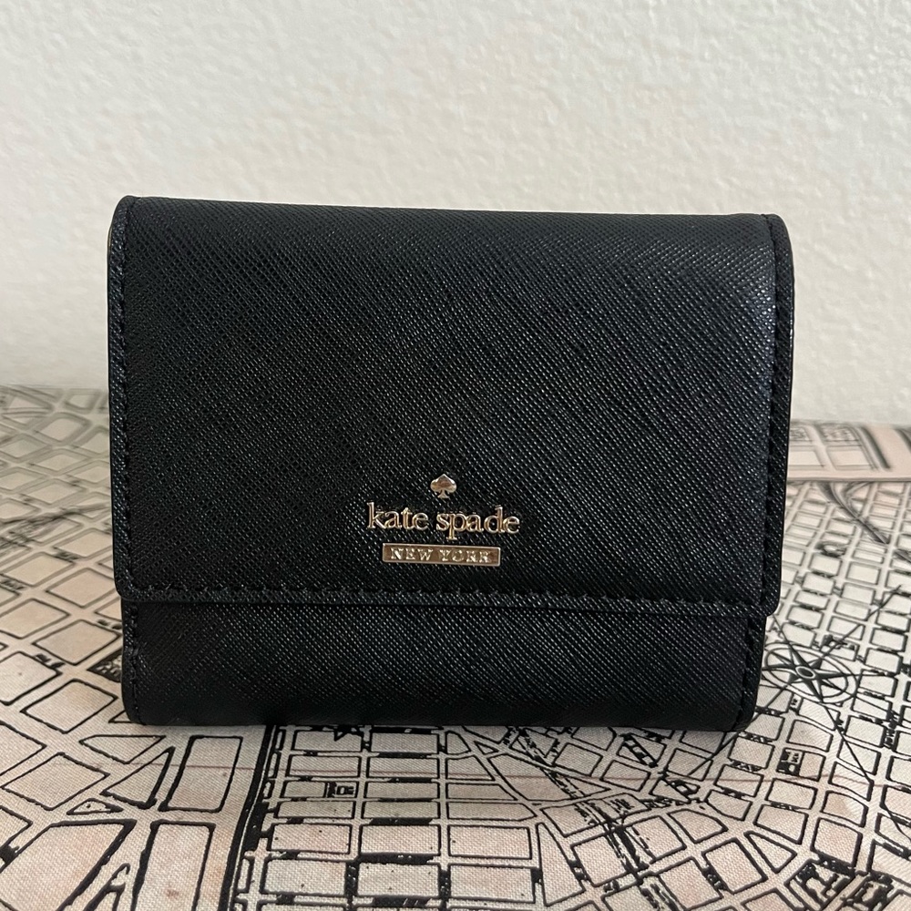 Kate Spade Black Trifold Wallet with Striped Interior